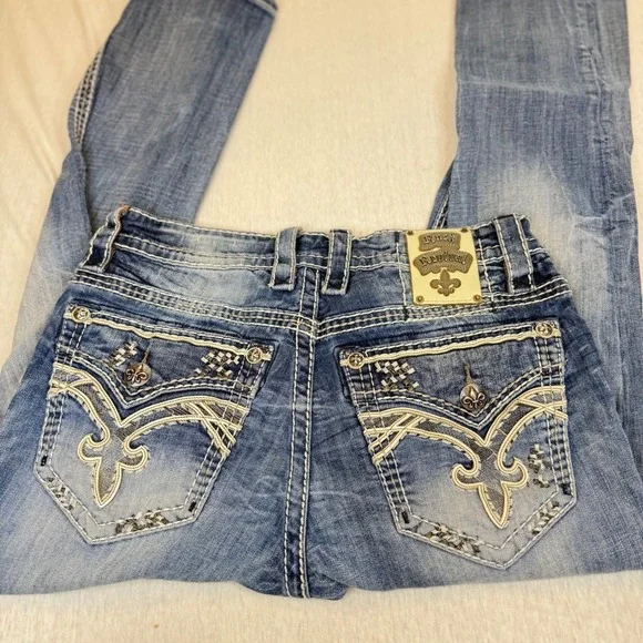 Mens rock revival Jeans Straight Leg Embellished Detail Blue Wash Size 32x30 Y2K